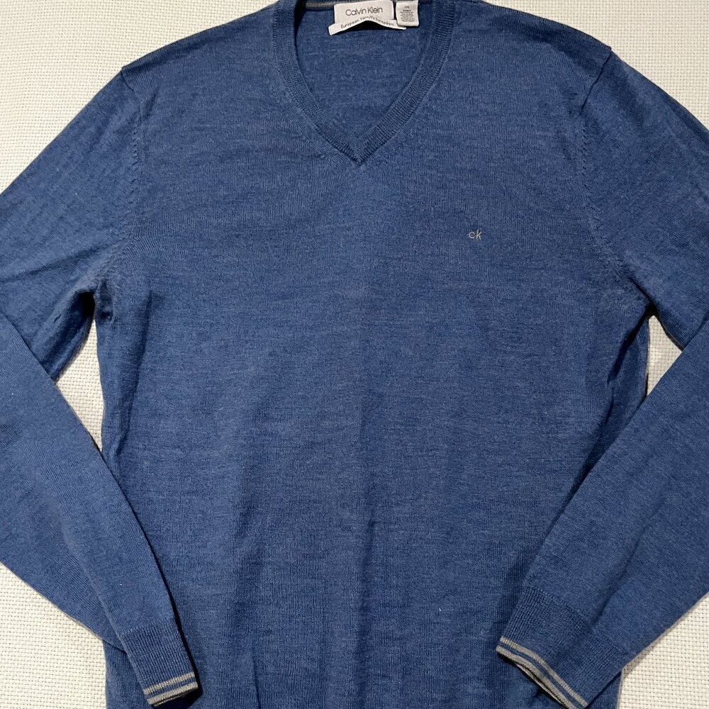 Calvin‎ Klein Merino Wool Blend Sweater Blue V-Neck Long Sleeve Size Large